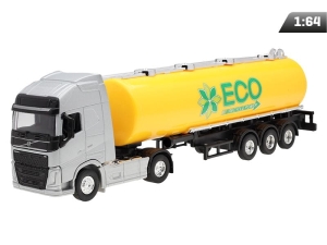 Model 1:64, VOLVO FH, srebrny ciągnik, żółta cysterna ECO