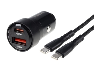 WAYME Ładowarka 12/24V, USB 30W + USB-C PD 30W + kabel USB-C > USB-C 100 cm, max 60W