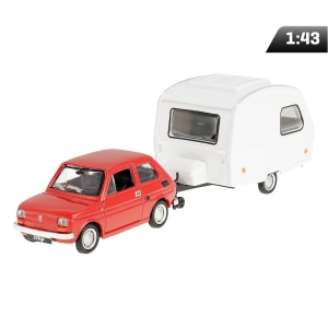 Model 1:43 Zestaw Fiat 126p + przyczepa Niewiadów Kemping, czerwony